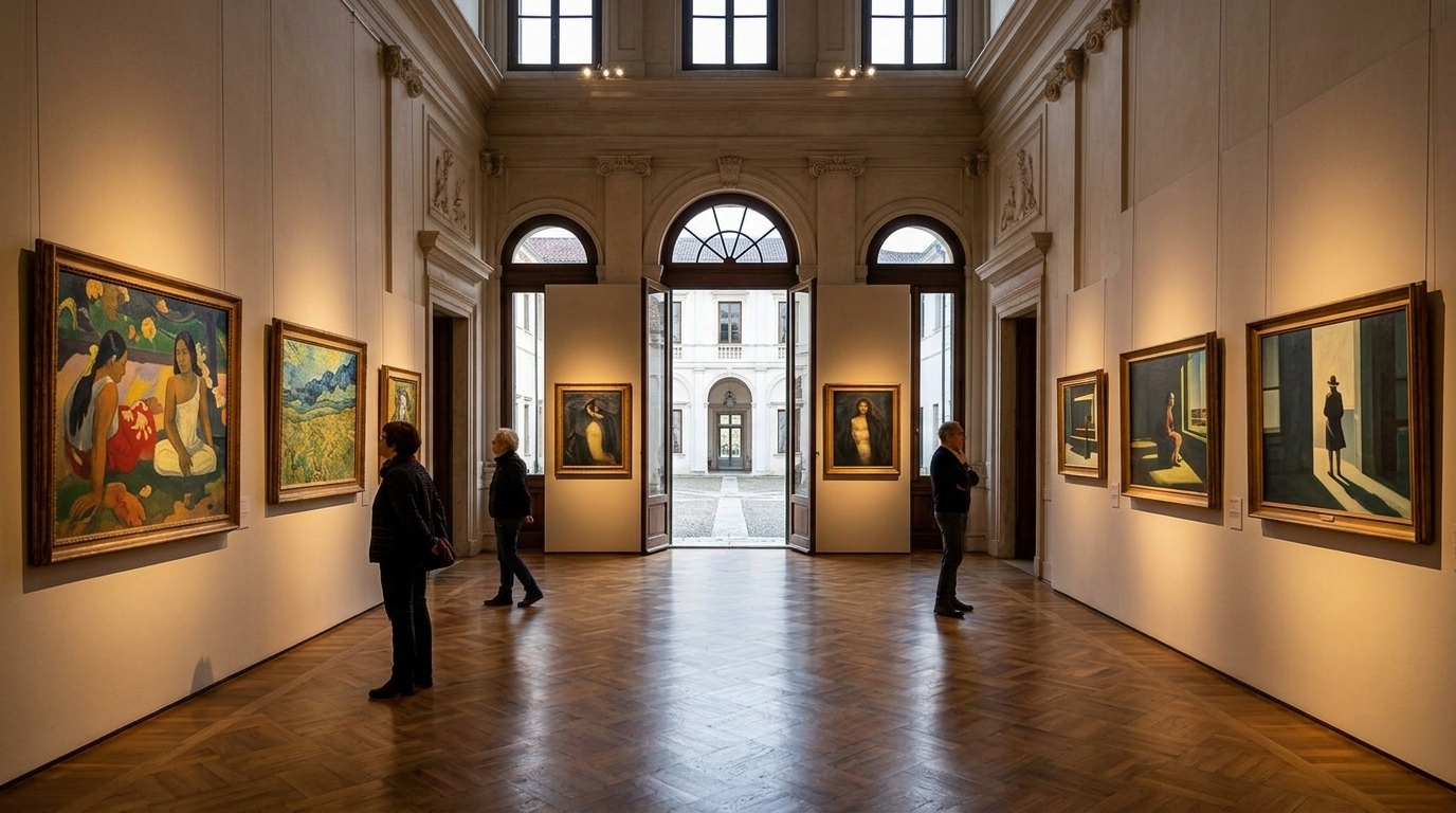 Sala della mostra Confini da Gauguin a Hopper a Villa Manin con visitatori in contemplazione