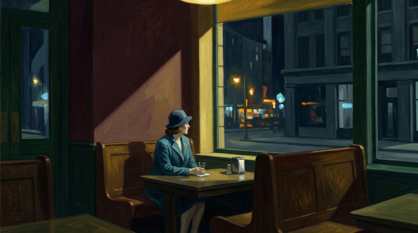 Interno urbano notturno ispirato a Hopper con figura sola in uno spazio sospeso