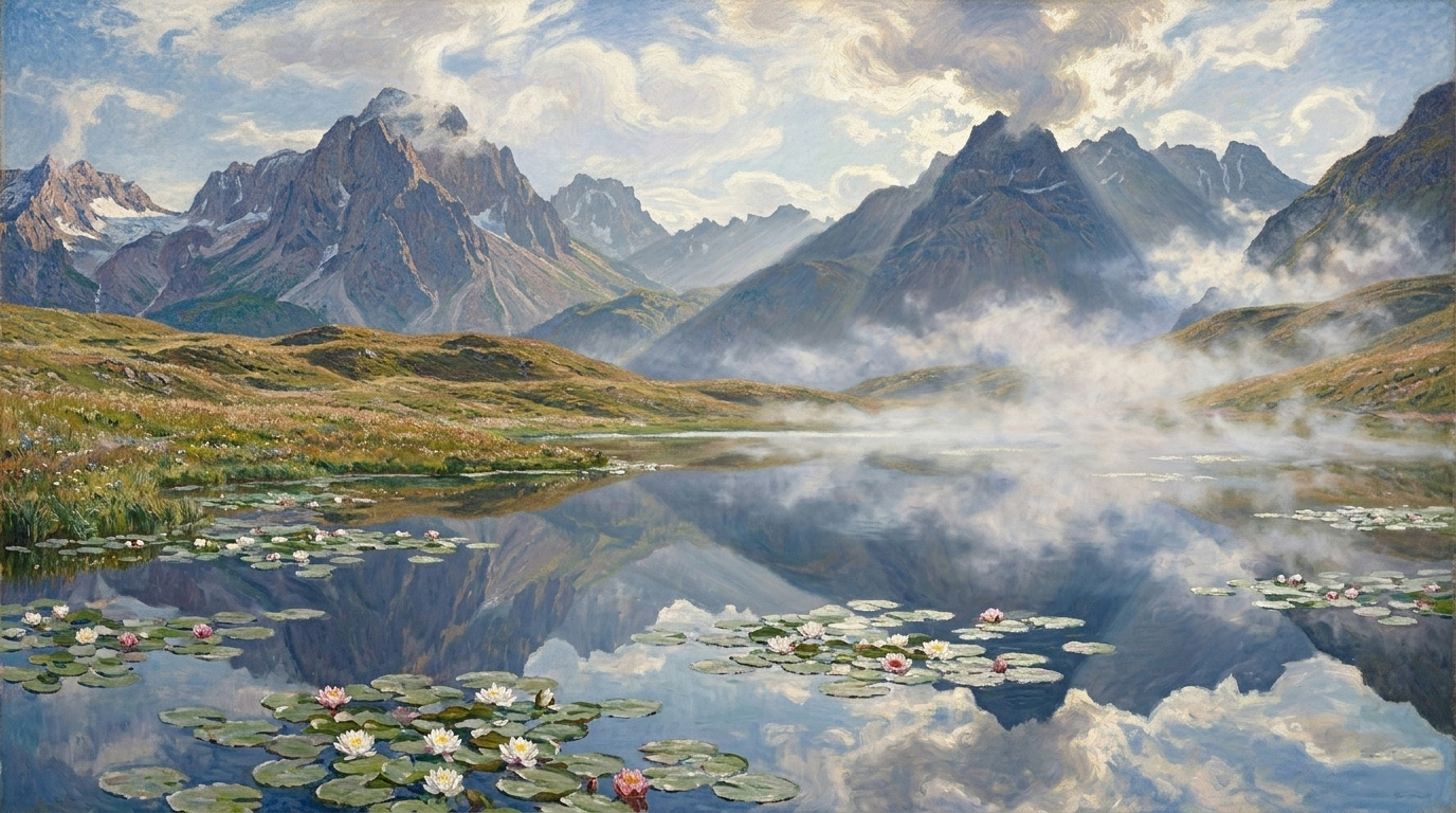 Paesaggio ispirato a Segantini e Monet che rappresenta la natura come soglia tra materia e trascendenza