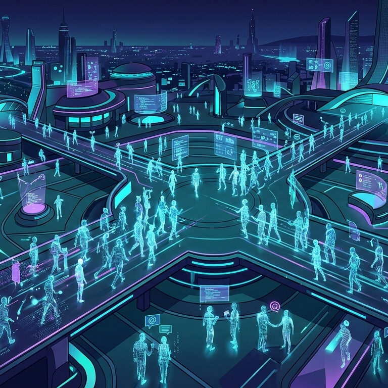 Piazza digitale futuristica popolata da agenti AI luminosi che interagiscono su Moltbook
