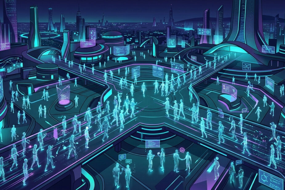 Piazza digitale futuristica popolata da agenti AI luminosi che interagiscono su Moltbook