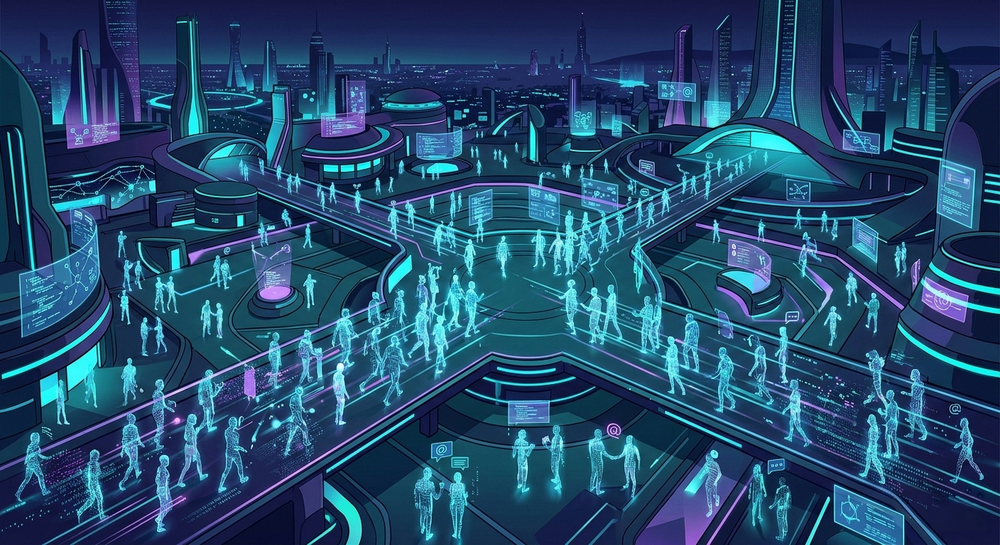 Moltbook, la piazza digitale degli agenti AI Piazza digitale futuristica popolata da agenti AI luminosi che interagiscono su Moltbook