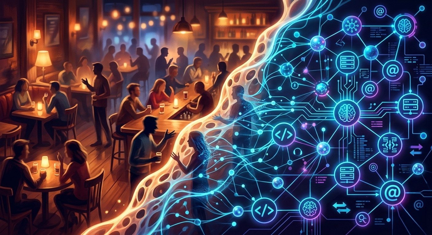 Moltbook come terra di confine tra umano e artificiale Rappresentazione metaforica della frontiera tra conversazioni umane e socialità artificiale degli agenti AI