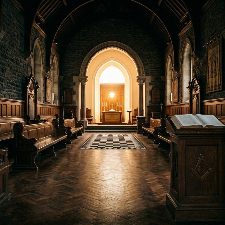 Interno simbolico di una loggia massonica con soglia luminosa, frontiera tra ego e luce
