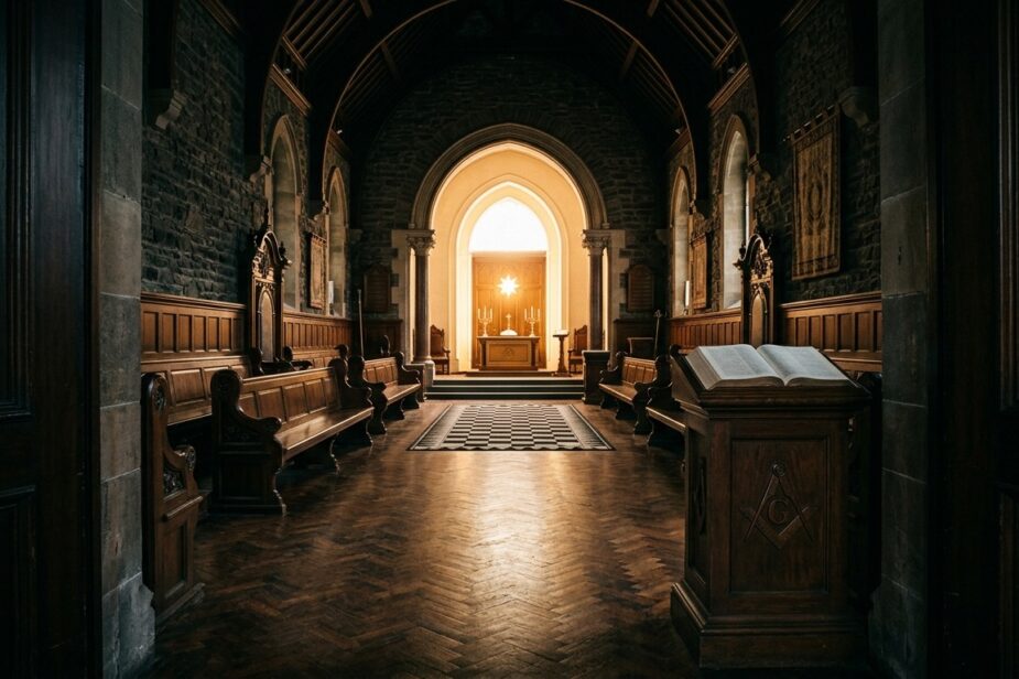 Interno simbolico di una loggia massonica con soglia luminosa, frontiera tra ego e luce