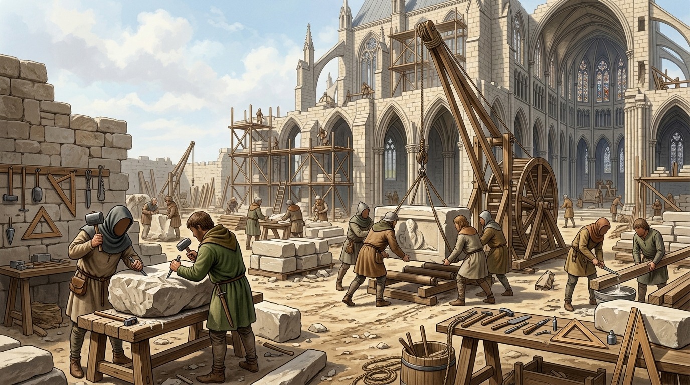 Cantiere medievale con costruttori di cattedrali riuniti in una loggia di lavoro