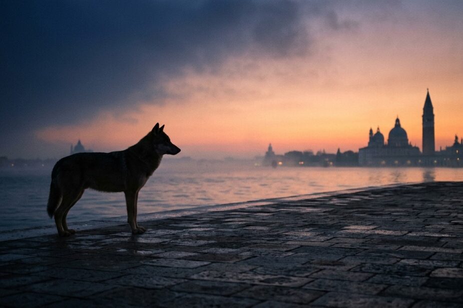 Lupo in controluce su una banchina di Venezia all’alba, tra notte e giorno