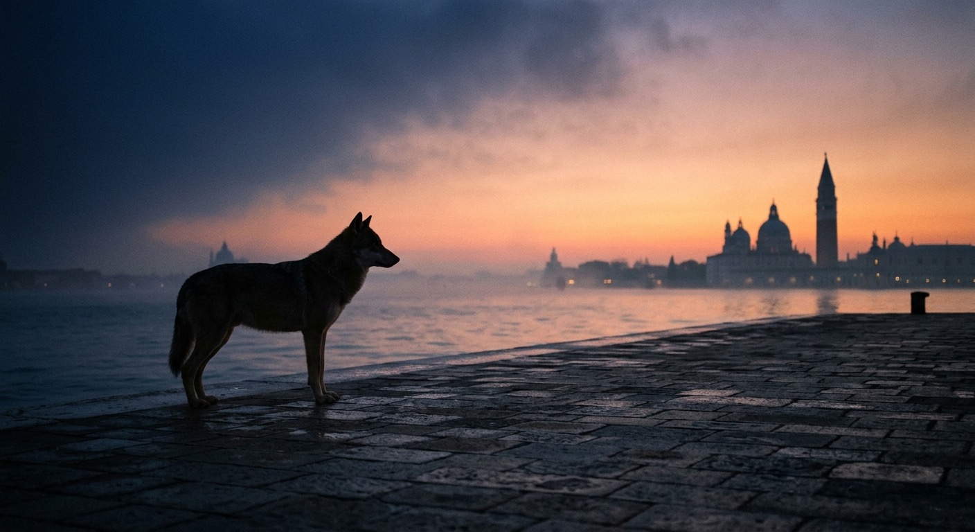 Lupo in controluce su una banchina di Venezia all’alba, tra notte e giorno