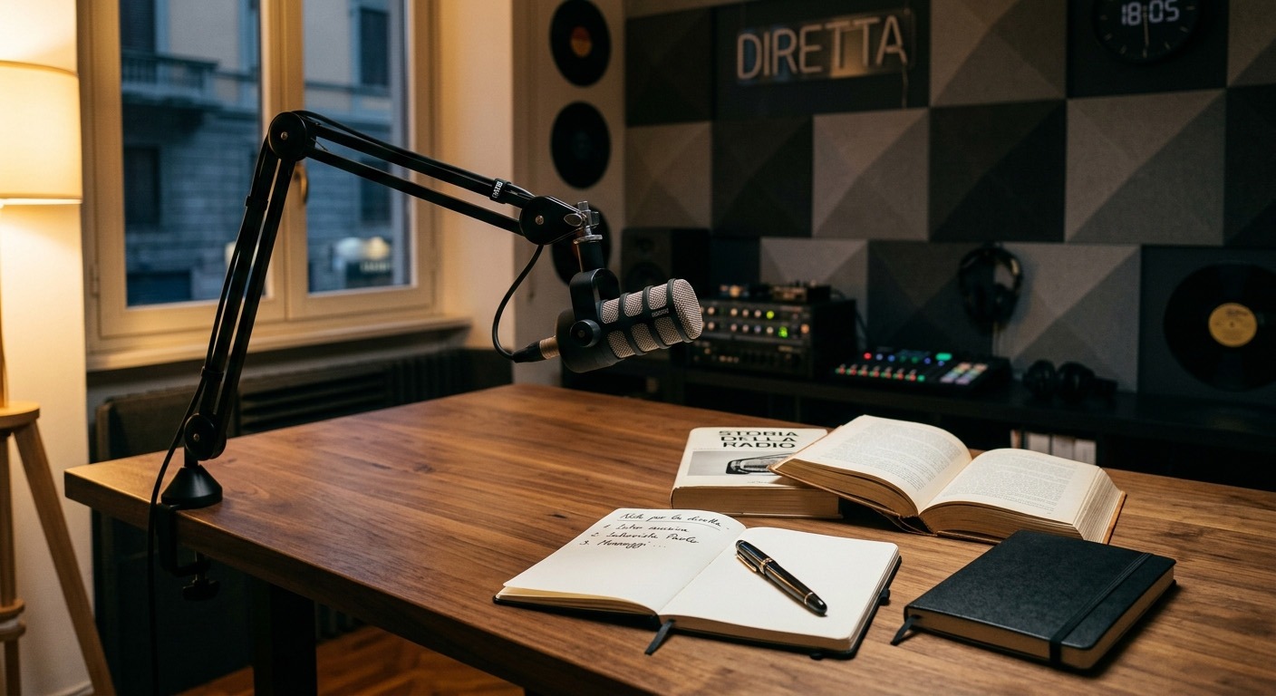 Microfono in studio radiofonico con libri aperti su un tavolo in legno