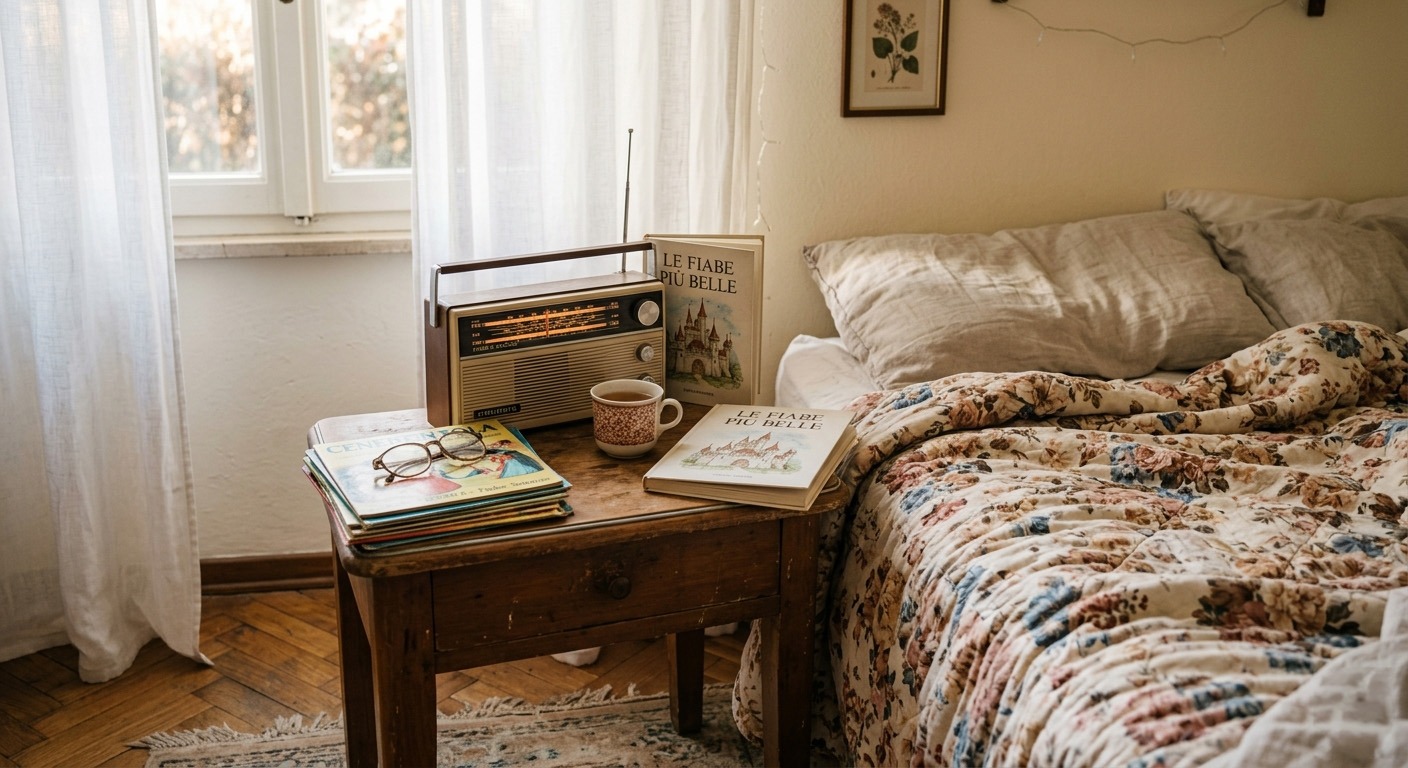Piccola radio e dischi di fiabe su un comodino illuminato dalla luce del mattino