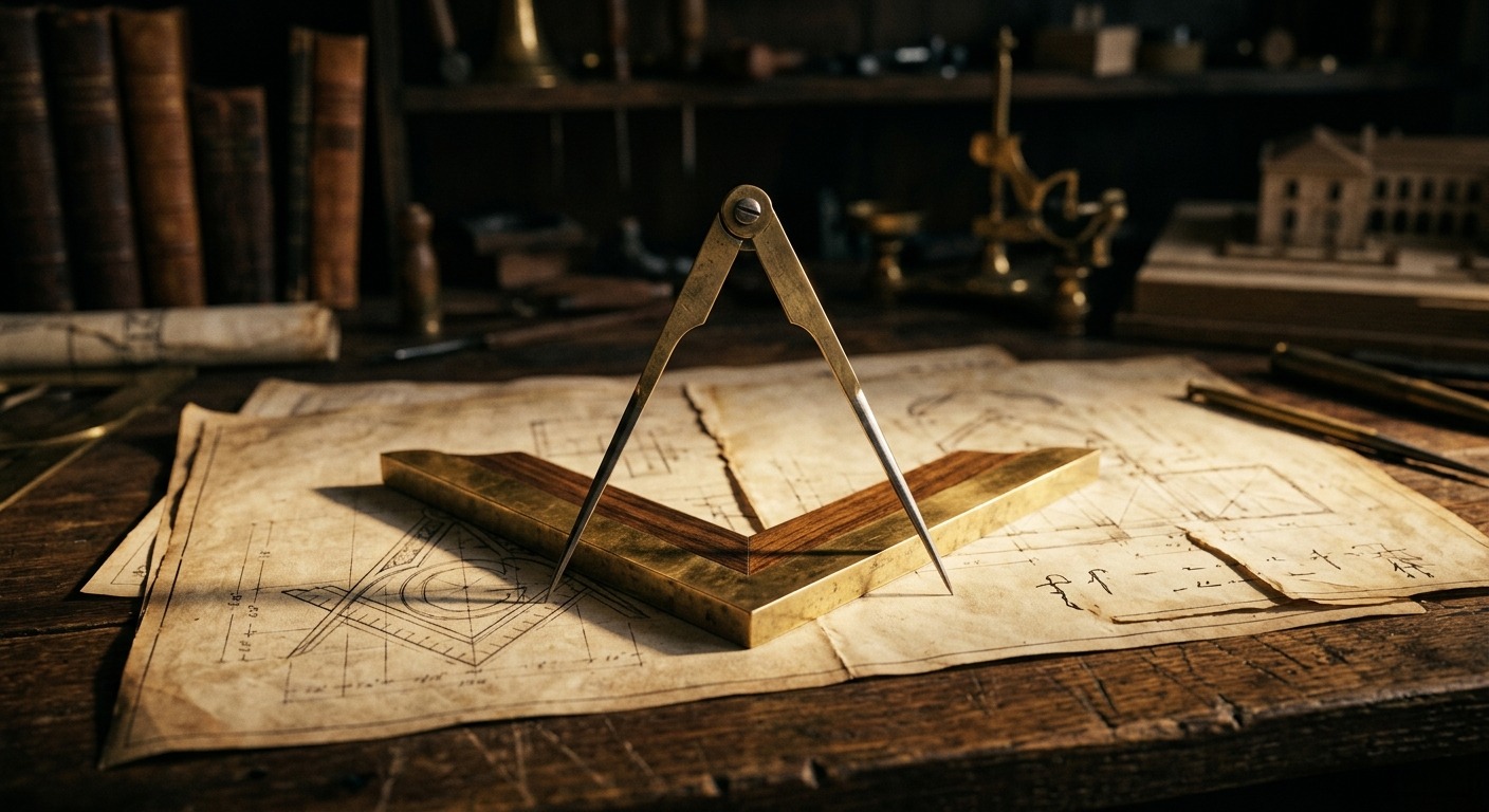 Squadra e compasso su tavole architettoniche come simboli massonici