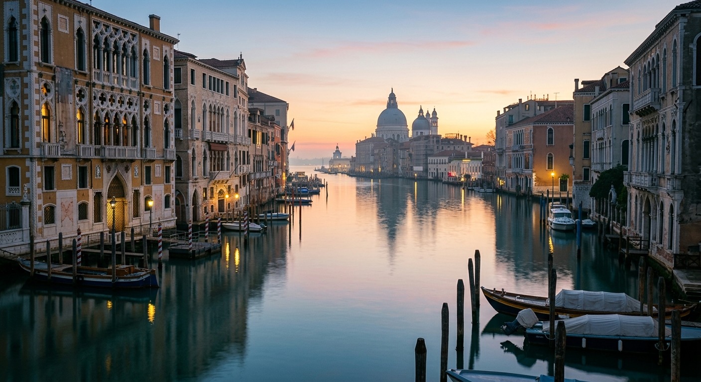 Veduta di Venezia al mattino presto con canale calmo e palazzi storici
