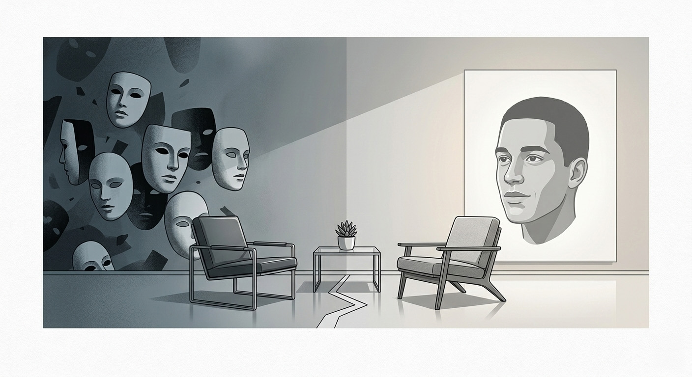 Border Agent: psicoterapia Gestalt e contatto autentico Illustrazione concettuale di uno psicoterapeuta Gestalt come border agent tra maschere dell’ego e sé autentico