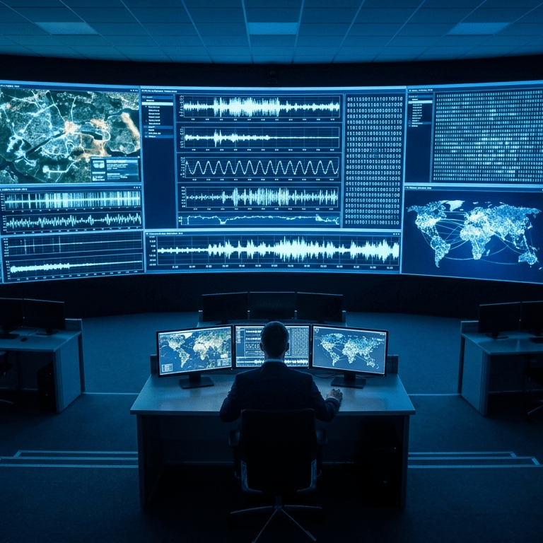 Analista di missione solo in sala di controllo che osserva mappe satellitari e flussi di dati