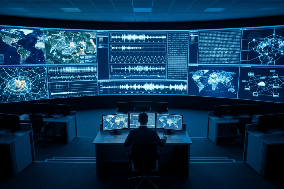 Analista di missione solo in sala di controllo che osserva mappe satellitari e flussi di dati