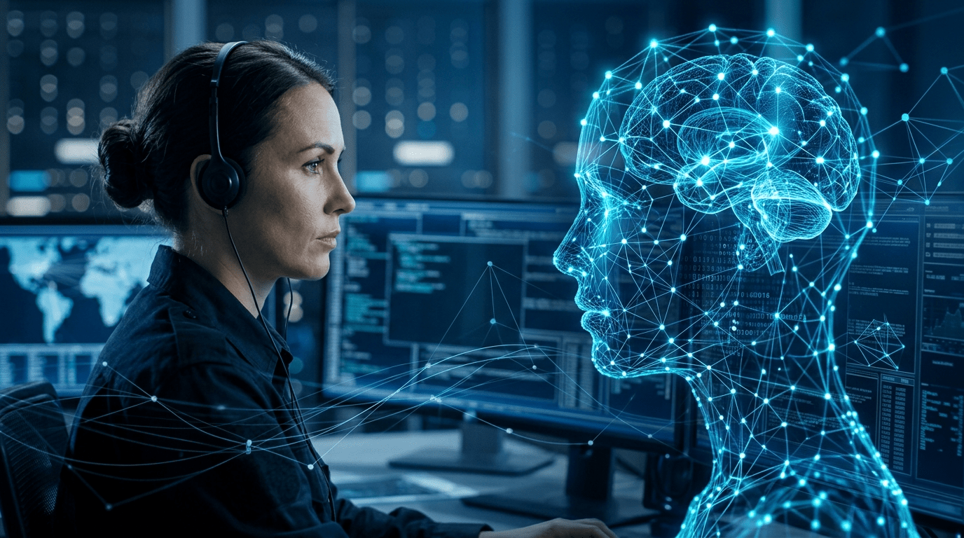 Analista umano affiancato da una rappresentazione astratta di intelligenza artificiale