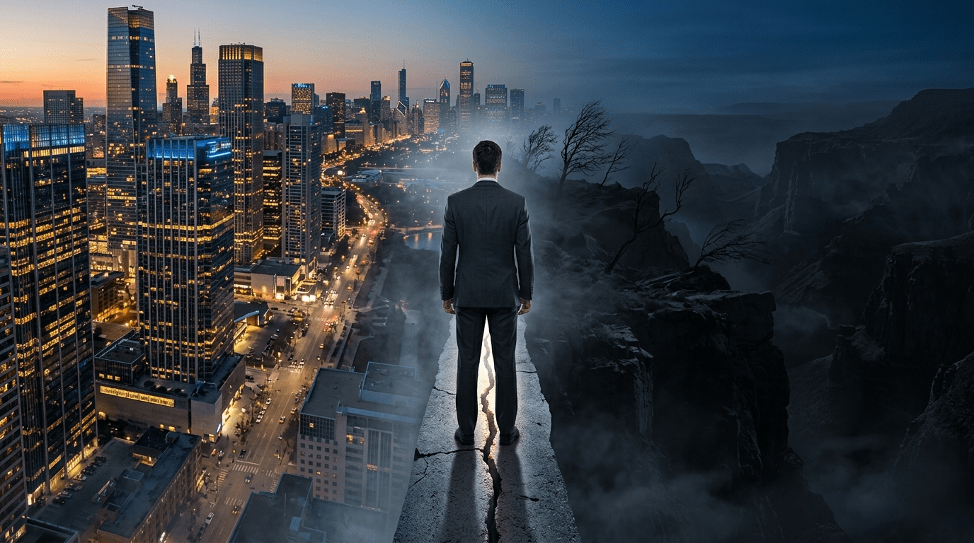 Figura solitaria che cammina sul margine tra città sicura e paesaggio oscuro