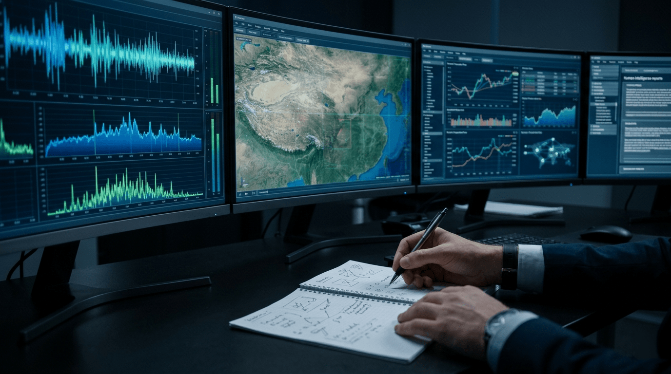 Schermi con diverse fonti di intelligence analizzate dall’analista di missione