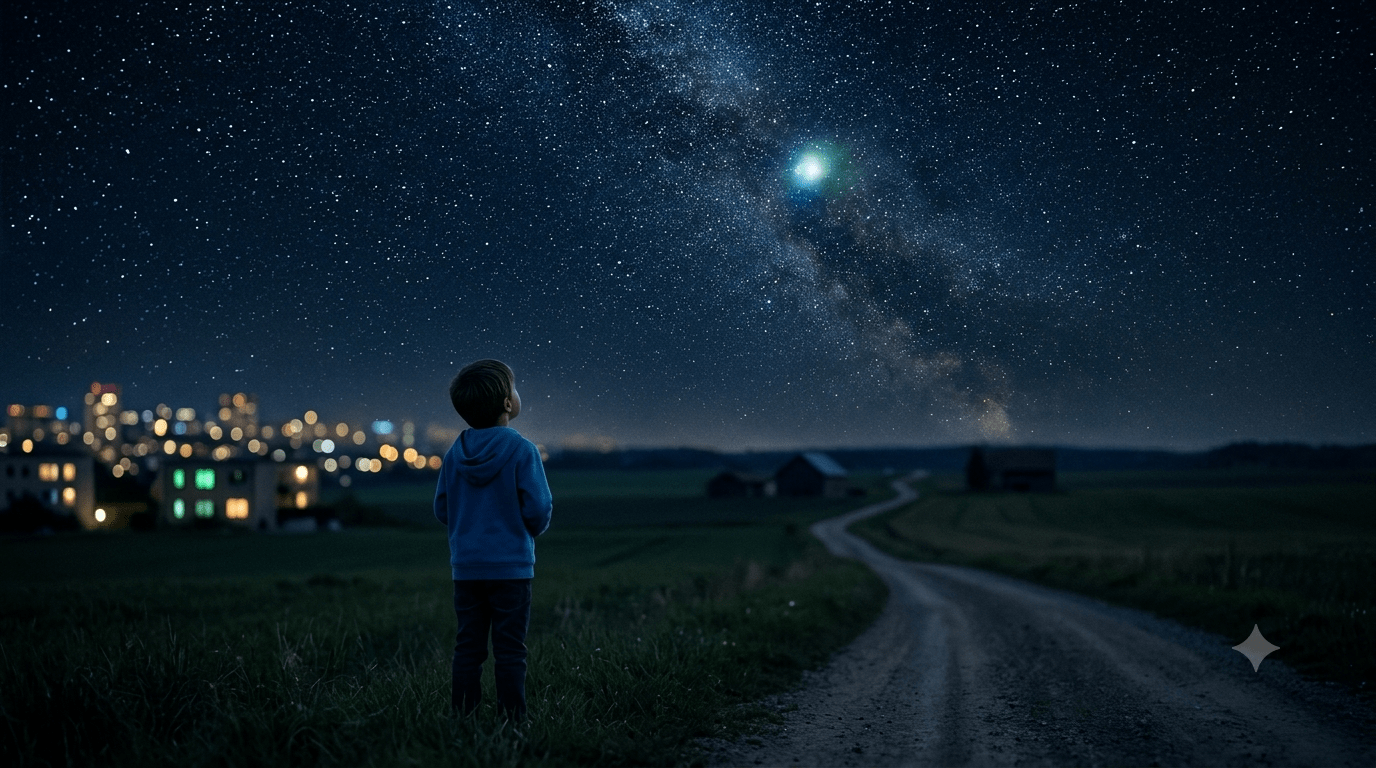 Bambino di spalle che guarda un cielo stellato con una luce insolita all’orizzonte.