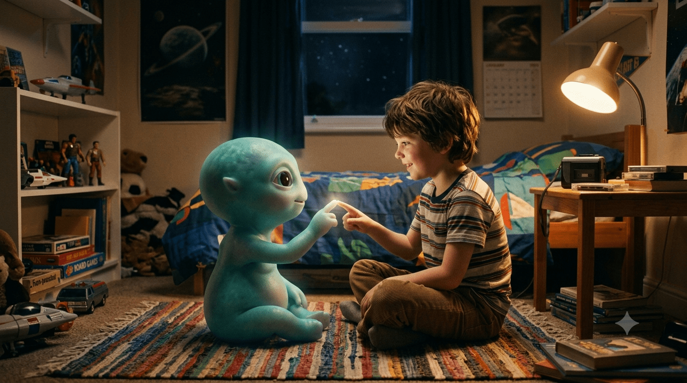 Bambino in cameretta che tocca la mano di una piccola creatura aliena amichevole.