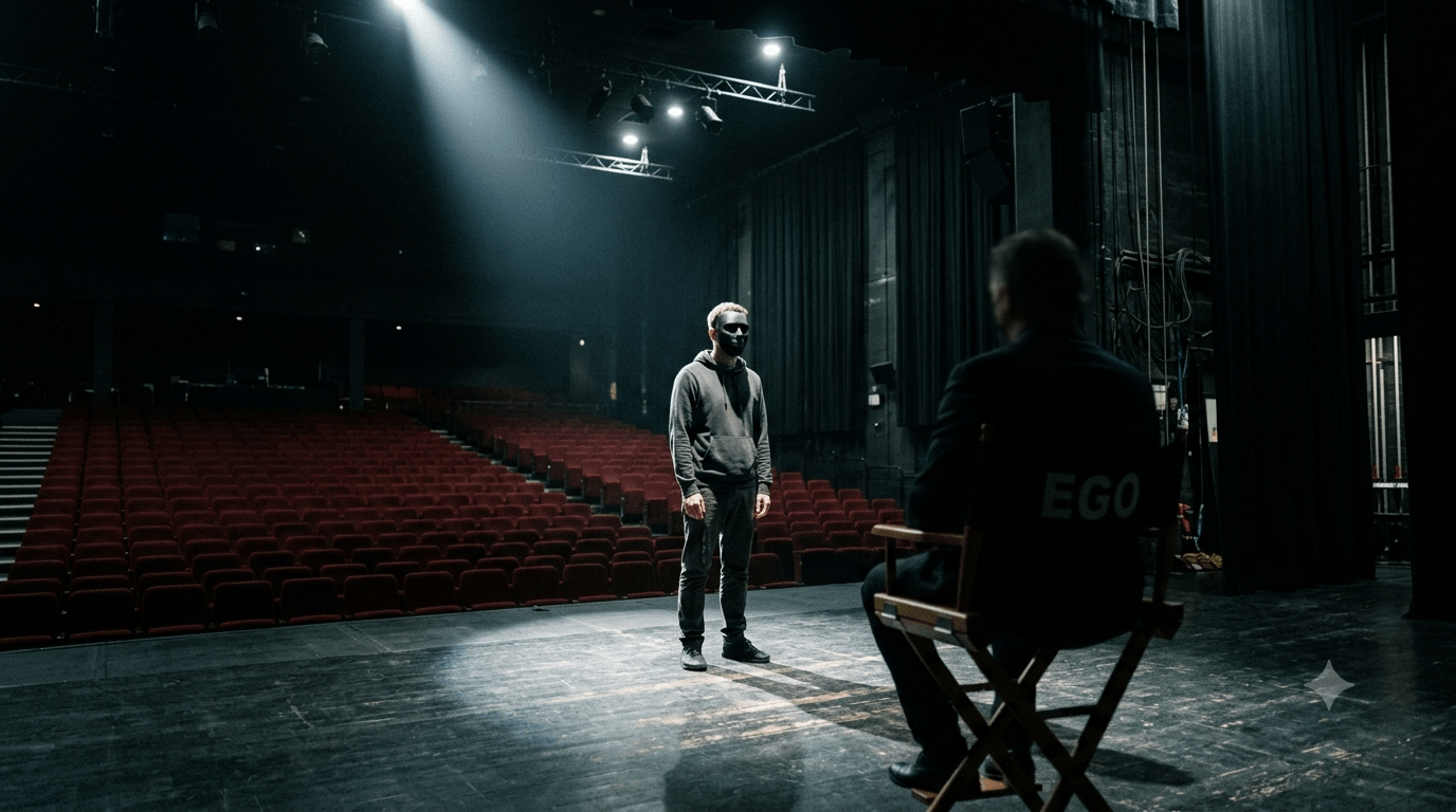 L’ego come regista del teatro interiore Attore con maschera sul palco e figura del regista nell’ombra con la scritta ego.