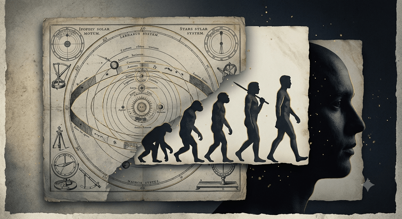 Le grandi ferite narcisistiche dell’umanità Composizione concettuale che unisce mappe stellari, evoluzione umana e mente per rappresentare le ferite narcisistiche