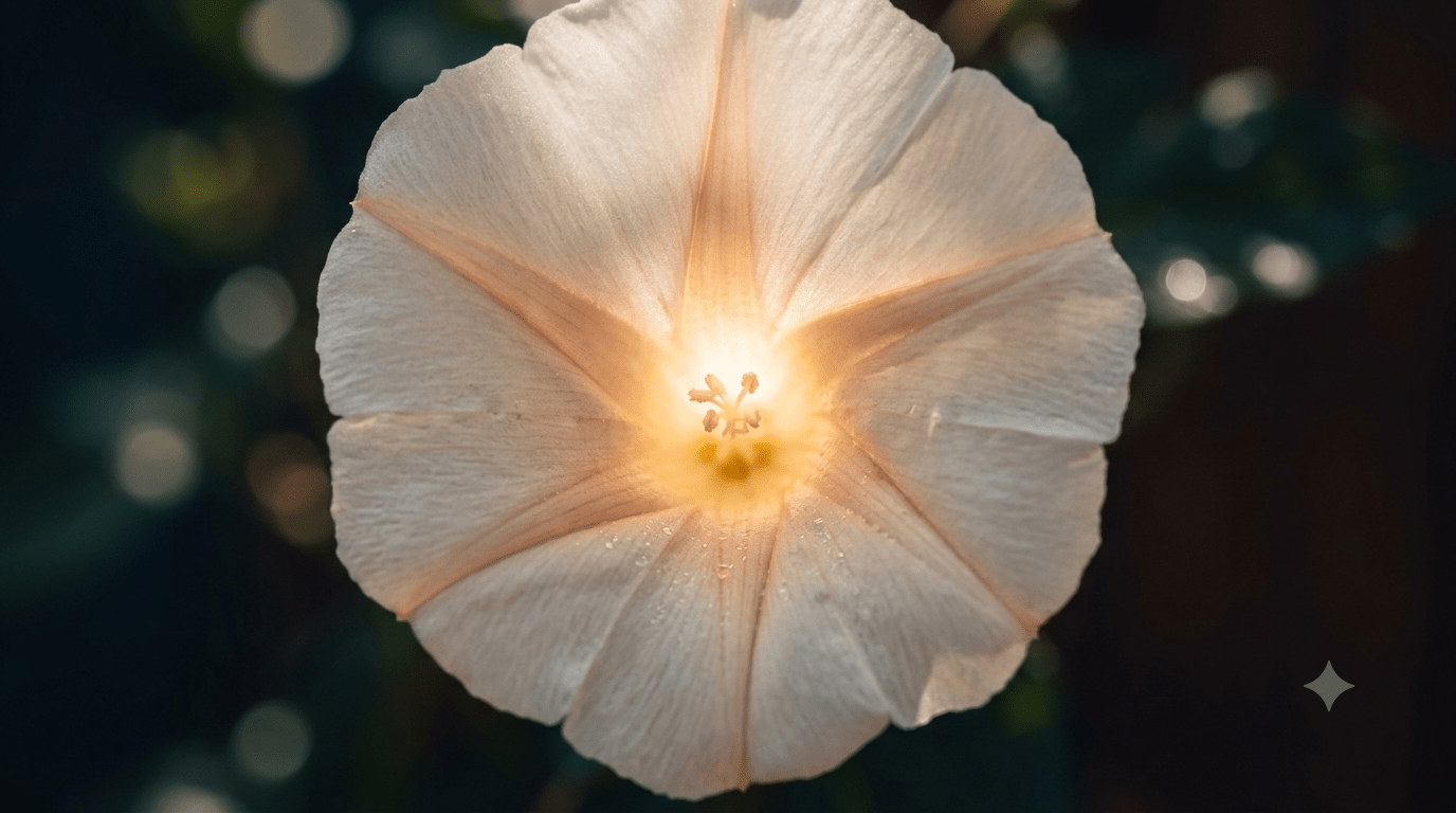 Macro di un fiore che si apre con un centro luminoso simbolo di trasformazione.