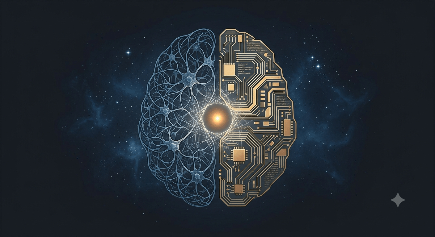 Il mistero della coscienza artificiale Cervello metà biologico e metà digitale che rappresenta il mistero della coscienza artificiale