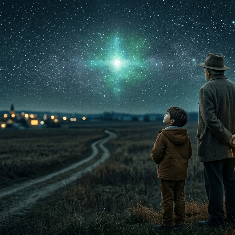 La nostalgia della meraviglia: Border Agent e bambino osservano una luce misteriosa nel cielo notturno.