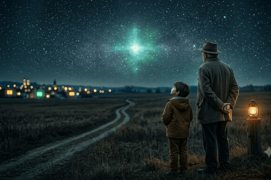 La nostalgia della meraviglia: Border Agent e bambino osservano una luce misteriosa nel cielo notturno.