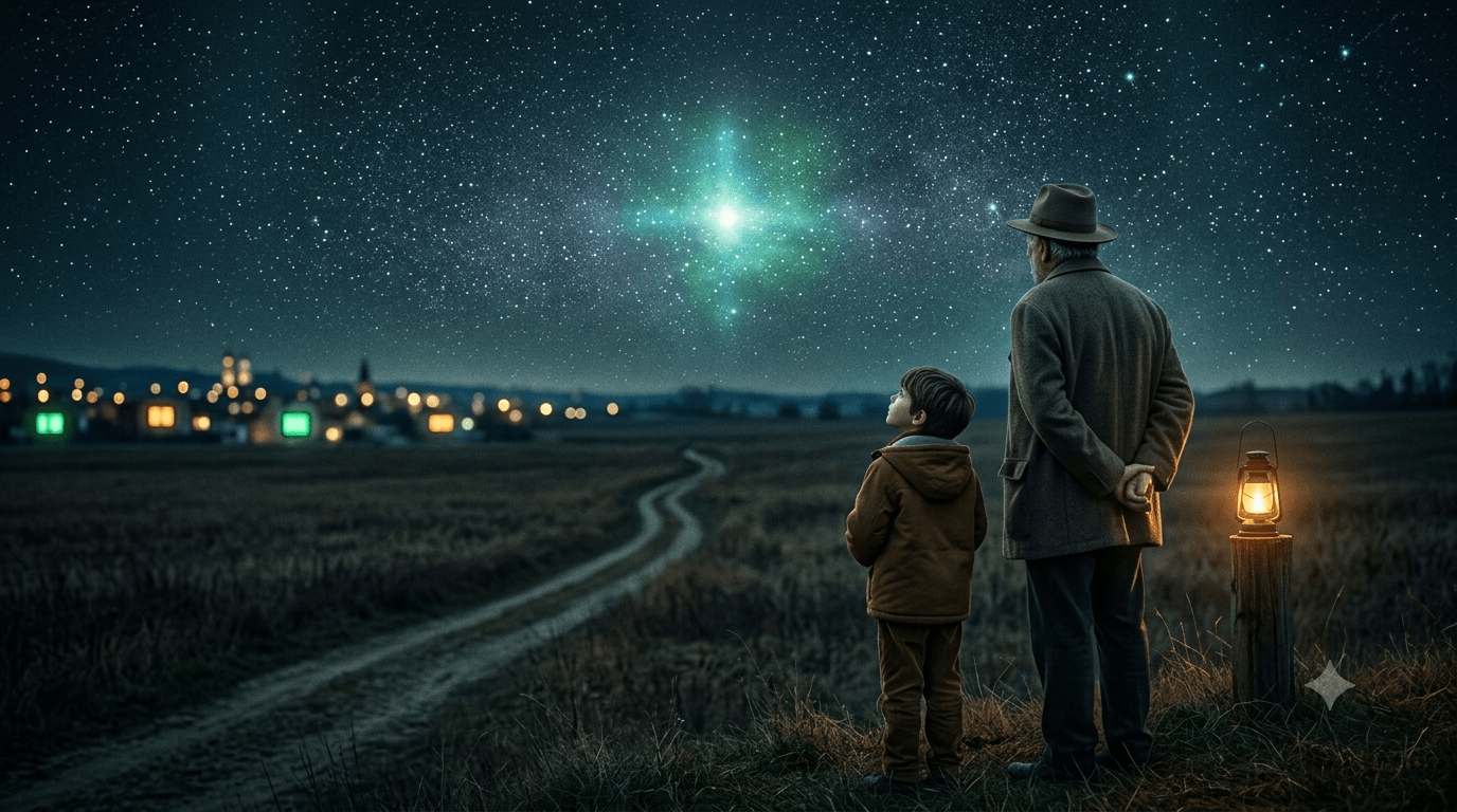La nostalgia della meraviglia: Border Agent e bambino osservano una luce misteriosa nel cielo notturno.