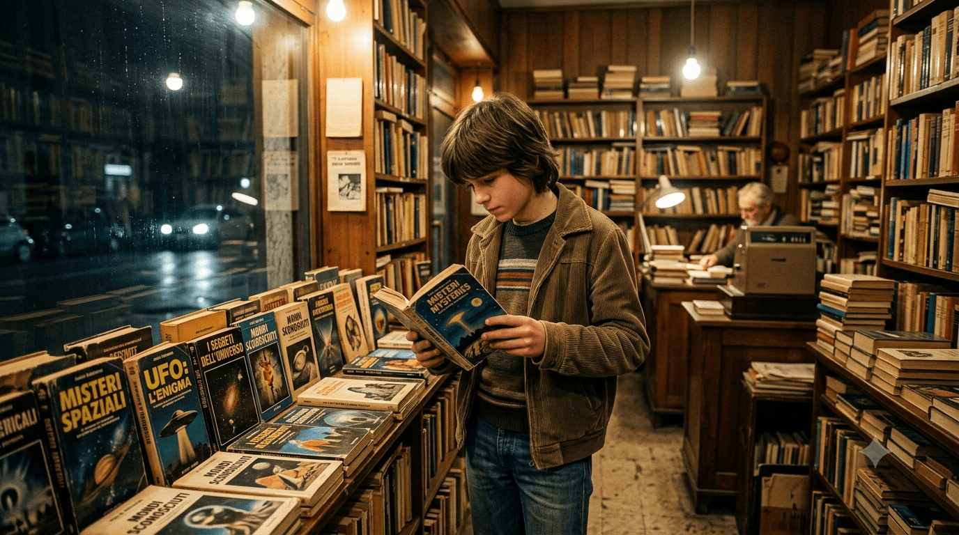 Ragazzo in una libreria anni Settanta circondato da libri su UFO e misteri.