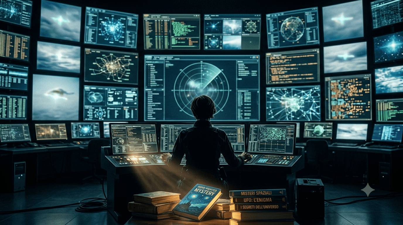 Analista di cybersicurezza in una sala di controllo piena di monitor luminosi.