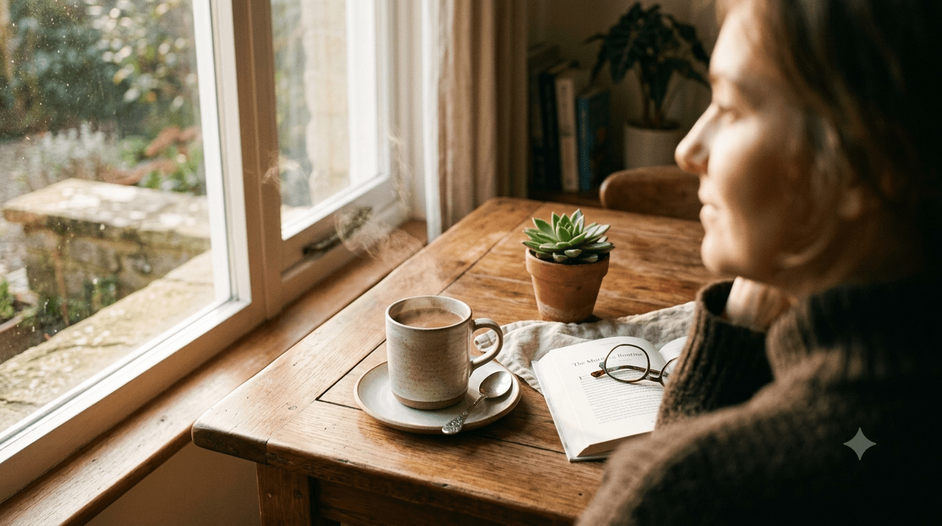 Il significato profondo della libertà nel qui e ora Tazza di caffè illuminata dalla luce di una finestra e persona che osserva la scena.
