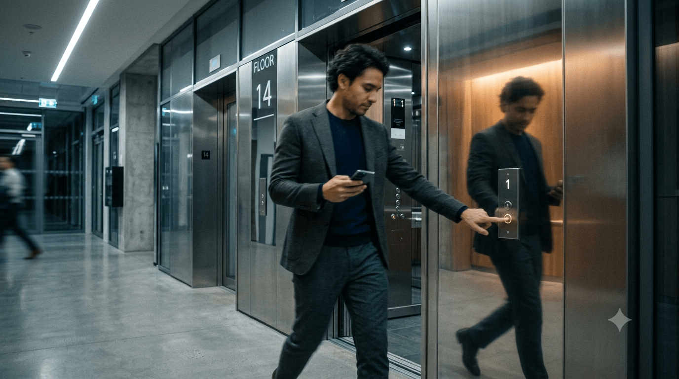 Il sonno della veglia: vivere in automatico tra gesti ripetuti Persona che preme il pulsante dell’ascensore distratta dallo smartphone.