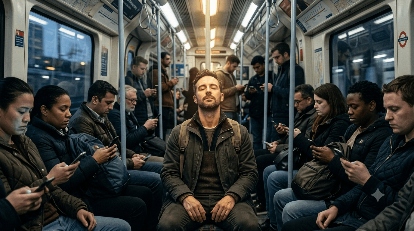 Il sonno secondo Gurdjieff: ipnosi quotidiana e ricordo di sé Persona in metropolitana con occhi chiusi circondata da passeggeri assorti nel telefono.