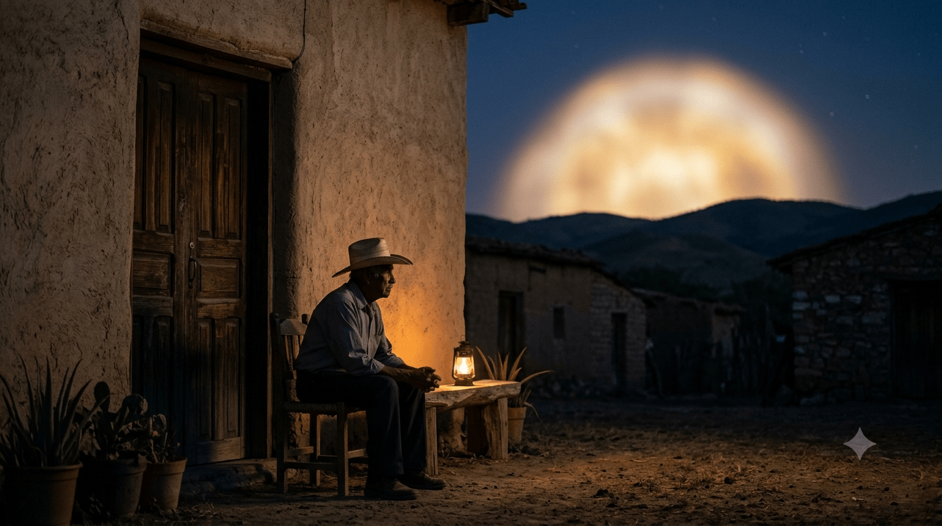 Un anziano in un villaggio messicano illuminato da una luce misteriosa nella notte.