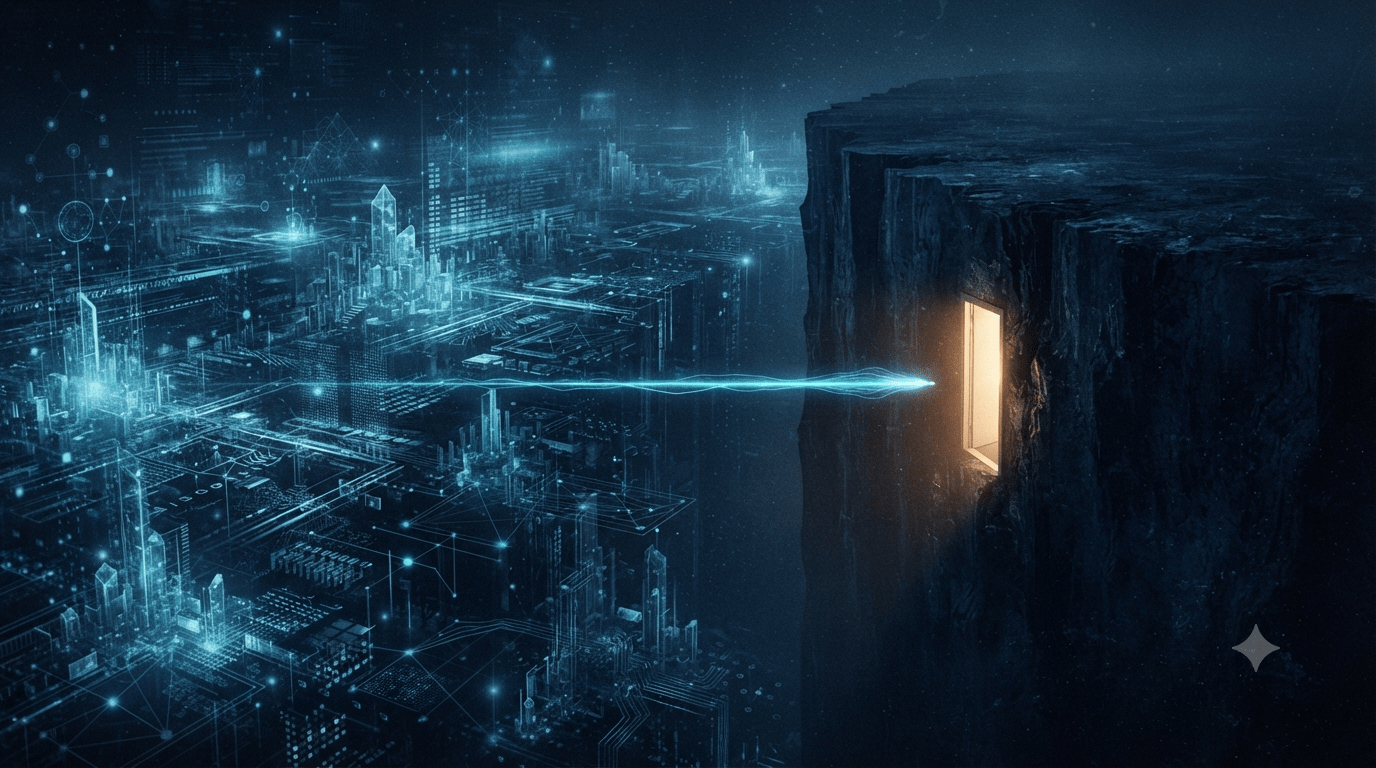 Agenti AI alla periferia – il confine e la porta Agente digitale come filo di luce che raggiunge il confine e trova una porta aperta, metafora degli agenti AI e cybersecurity