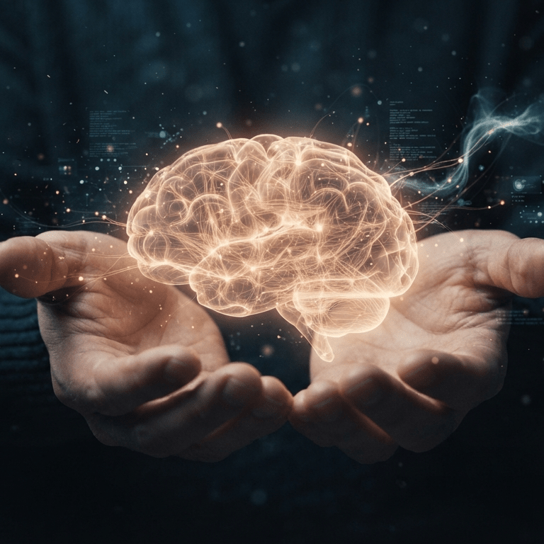 Cervello adolescente di luce cullato tra le mani, tra tecnologia e intelligenza artificiale