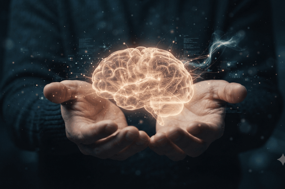 Cervello adolescente di luce cullato tra le mani, tra tecnologia e intelligenza artificiale