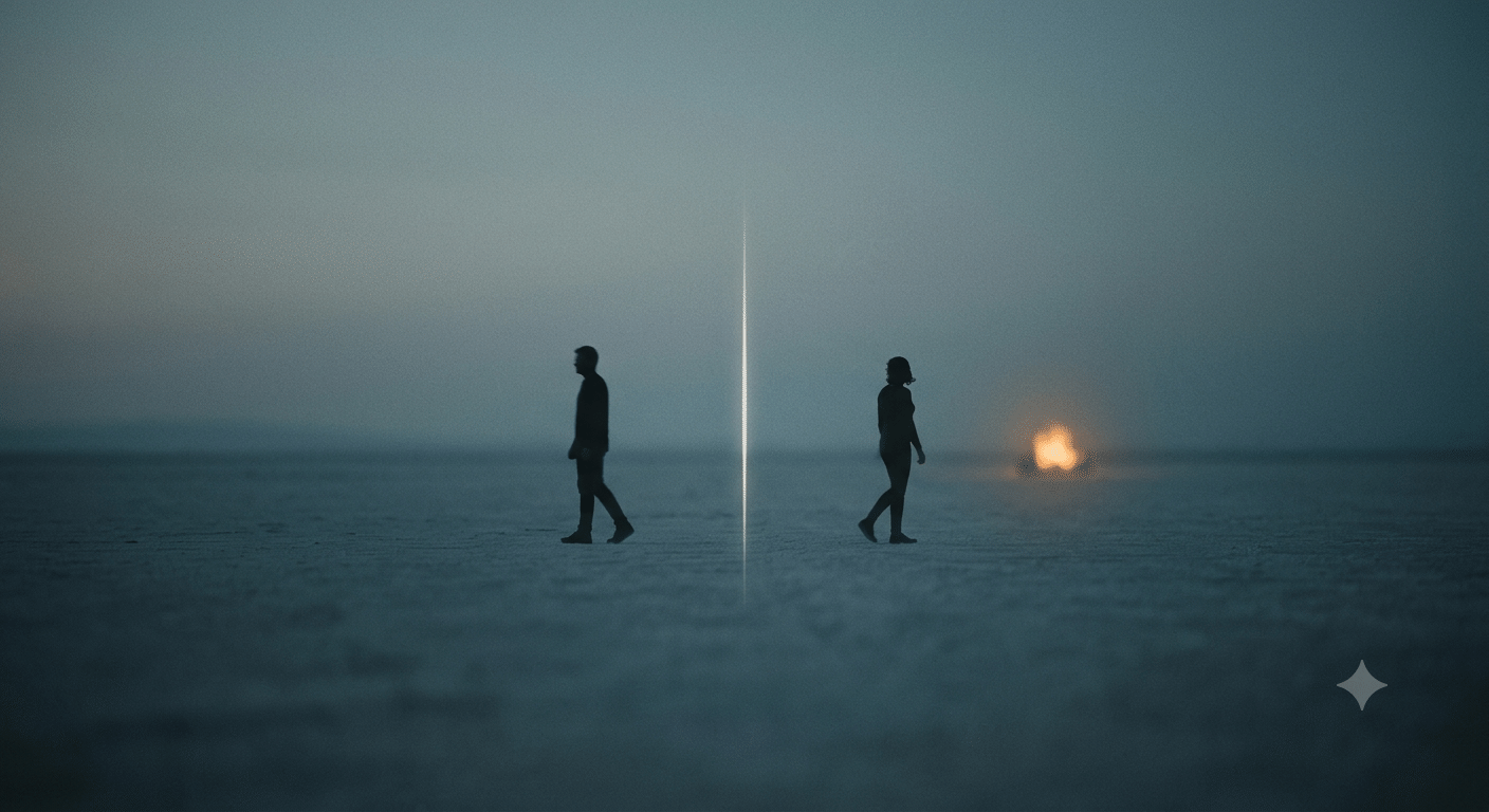Il confine che non deve scomparire tra uomo e intelligenza artificiale Due silhouette che si separano con una linea di luce intatta tra loro, il confine da preservare nella relazione uomo-intelligenza artificiale