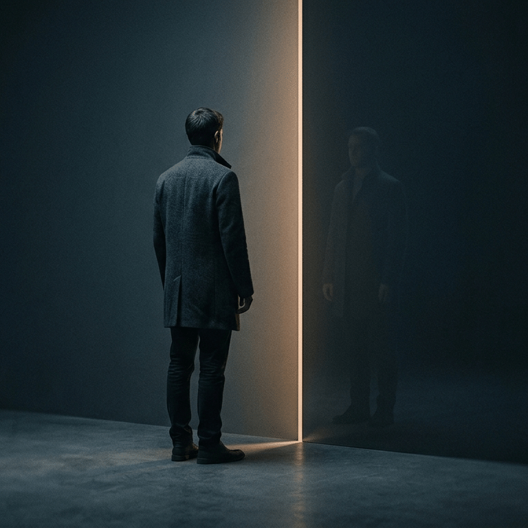 Figura umana su una soglia di luce di fronte al proprio riflesso, metafora dell'identità nell'interazione con l'intelligenza artificiale