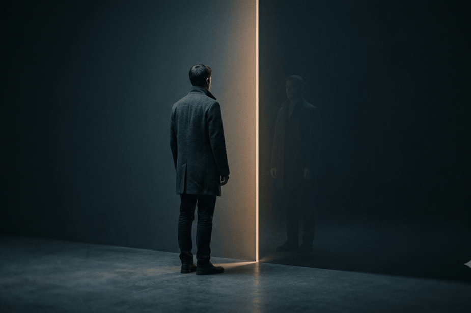Figura umana su una soglia di luce di fronte al proprio riflesso, metafora dell'identità nell'interazione con l'intelligenza artificiale