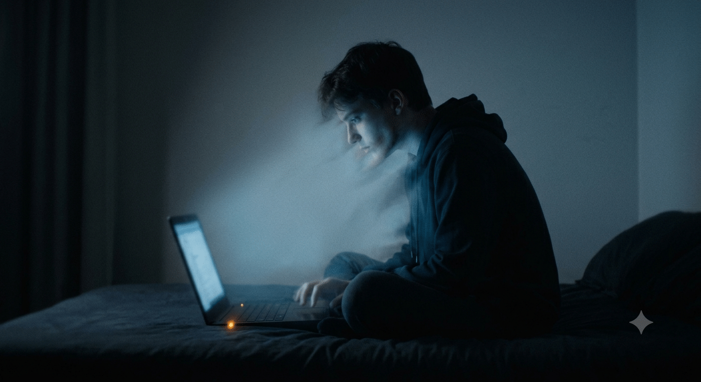 Il rischio della fusione con l'intelligenza artificiale Silhouette giovane che si dissolve nella luce di uno schermo, dipendenza emotiva e confini fragili nell'uso dell'intelligenza artificiale