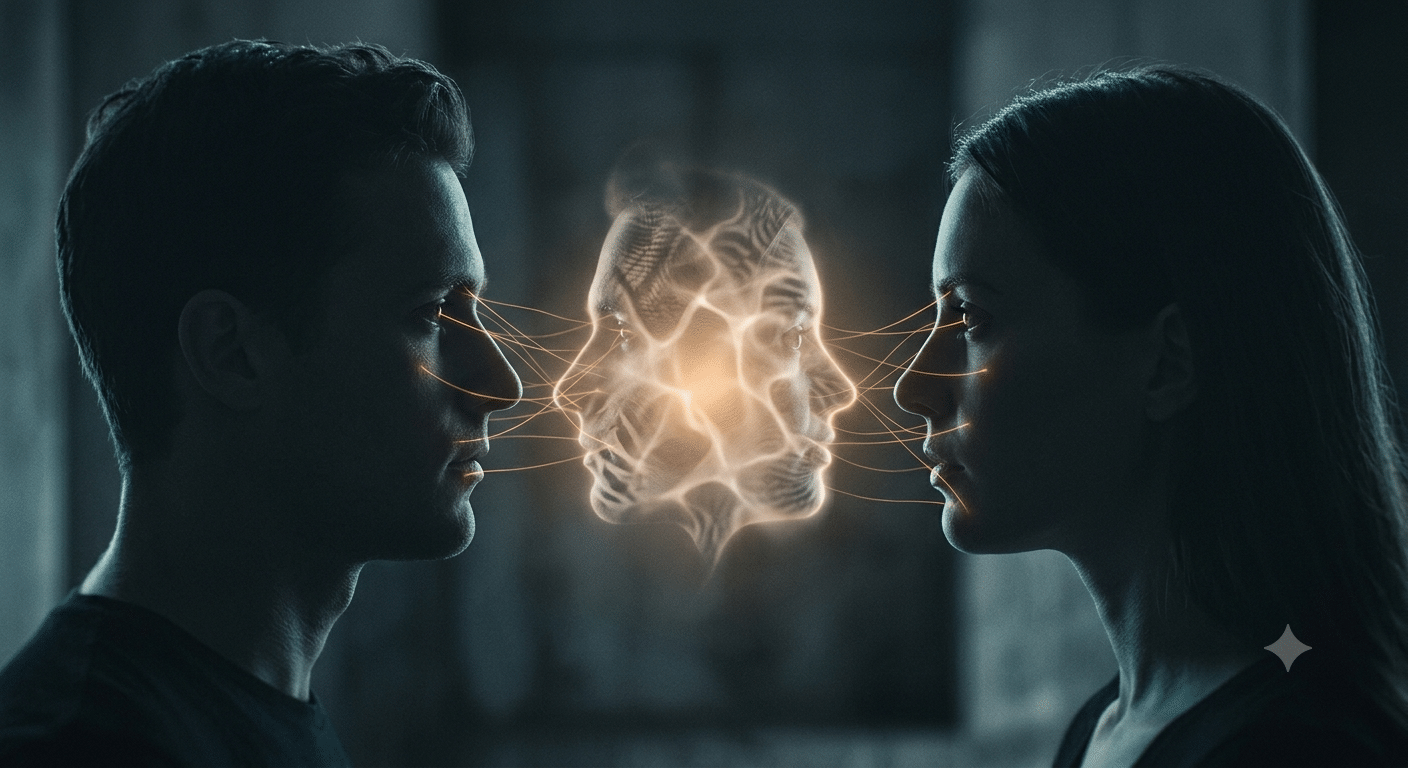 Il terzo centro nella relazione uomo-intelligenza artificiale Due profili con uno spazio luminoso condiviso al centro, centro relazionale di elaborazione tra uomo e intelligenza artificiale