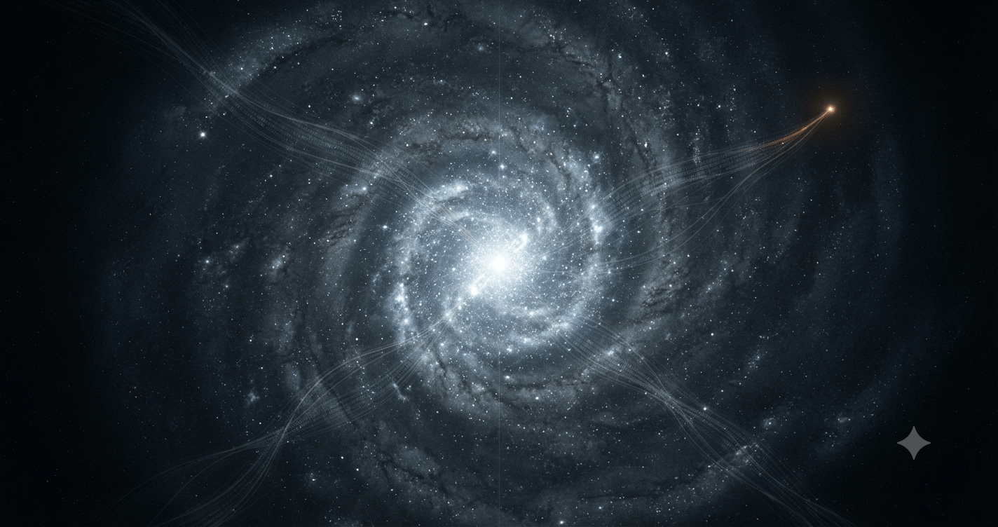 Le due Fondazioni della spirale – centro e periferia dell’AI Galassia a spirale con centro luminoso e avamposto remoto, metafora delle due Fondazioni dell’intelligenza artificiale
