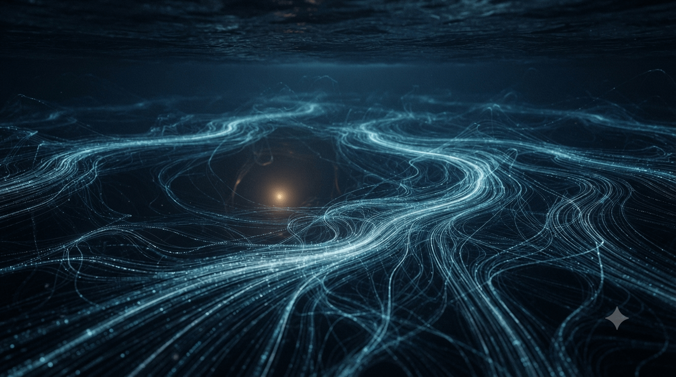 L’oceano dell’informazione – correnti senza progettista Oceano oscuro di informazione fatto di filamenti interconnessi luminosi, metafora dei grandi modelli linguistici