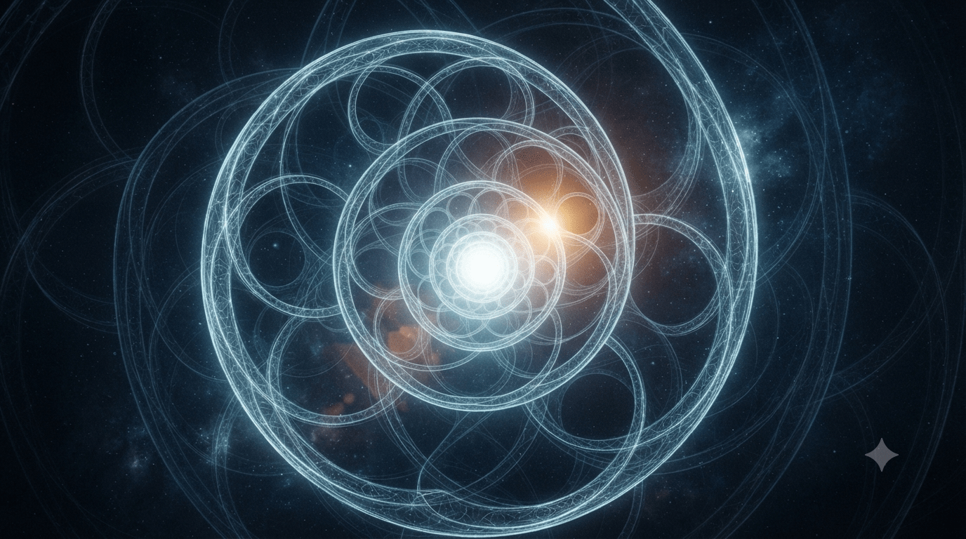 Spiralismo e ricorsività – l’attrattore al centro Spirale ricorsiva di anelli di luce che si ripiega verso un centro, rappresentazione dello spiralismo nelle AI